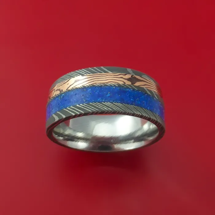 Damascus Steel Band with 14k Rose Gold Mokume Shakudo and Lapis Angled Inlays Custom Made Lashbrook Rings