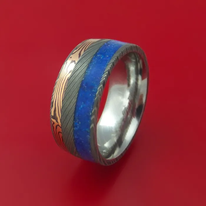 Damascus Steel Band with 14k Rose Gold Mokume Shakudo and Lapis Angled Inlays Custom Made Lashbrook Rings