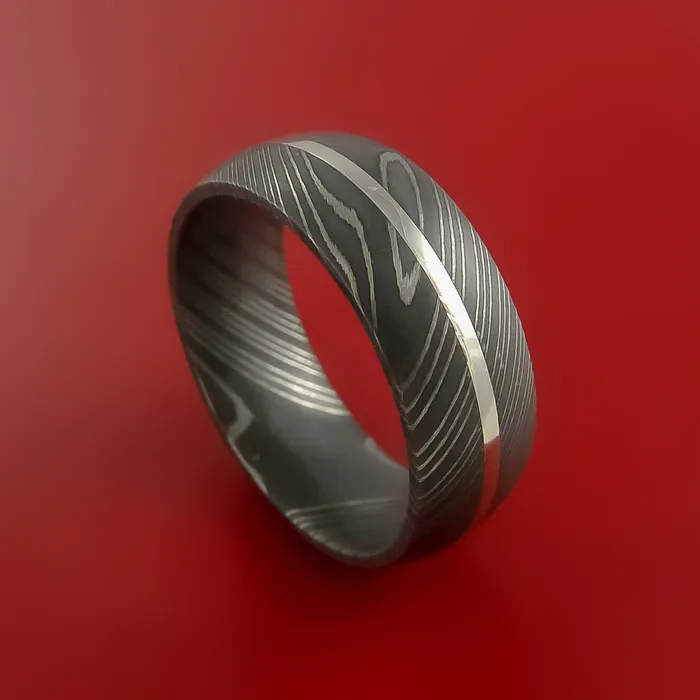 Damascus Steel Ring with 14K White Gold Inlay Custom Made Band Lashbrook Rings Damascus Steel Ring with 14K White Gold Inlay Custom Made Band Lashbrook Rings