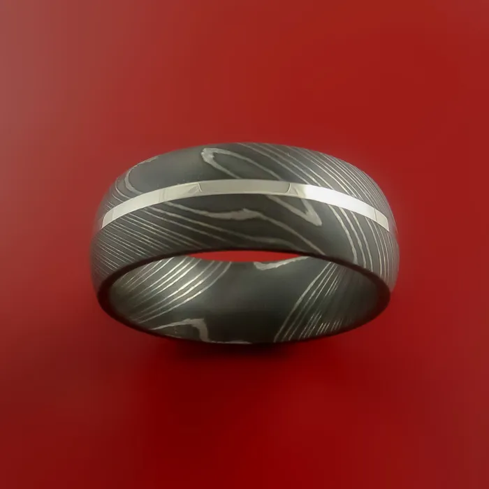 Damascus Steel Ring with 14K White Gold Inlay Custom Made Band Lashbrook Rings Damascus Steel Ring with 14K White Gold Inlay Custom Made Band Lashbrook Rings