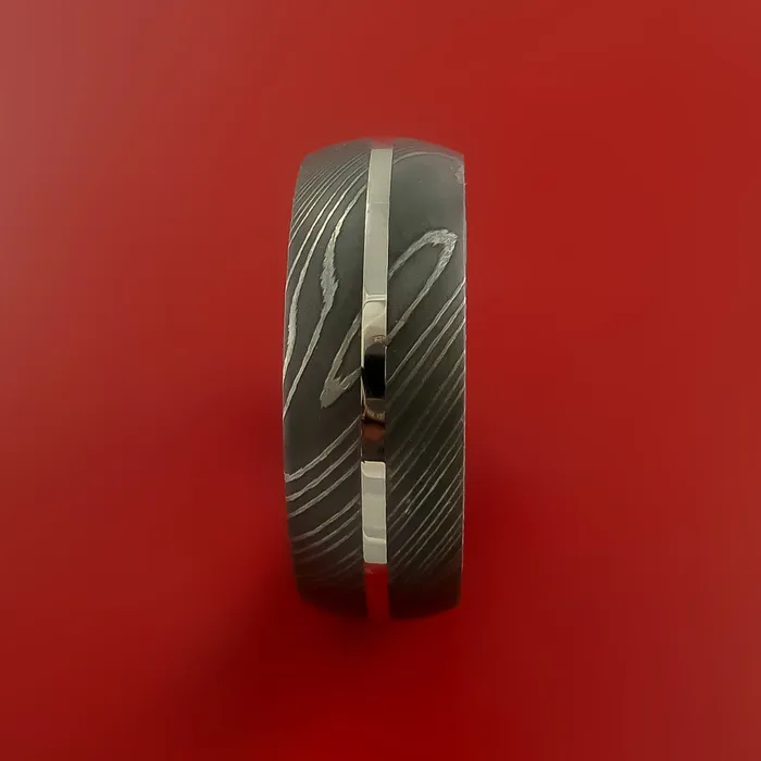 Damascus Steel Ring with 14K White Gold Inlay Custom Made Band Lashbrook Rings Damascus Steel Ring with 14K White Gold Inlay Custom Made Band Lashbrook Rings