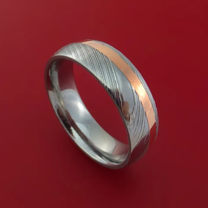 Damascus Steel Ring with Copper Inlay Custom Made Band Lashbrook Rings
