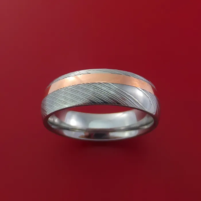 Damascus Steel Ring with Copper Inlay Custom Made Band Lashbrook Rings
