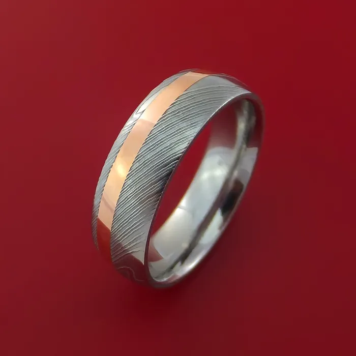 Damascus Steel Ring with Copper Inlay Custom Made Band Lashbrook Rings