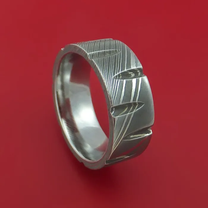 Damascus Steel Ring with Notched Out Wedges Inlay Custom Made Band Lashbrook Rings Damascus Steel Ring with Notched Out Wedges Inlay Custom Made Band Lashbrook Rings