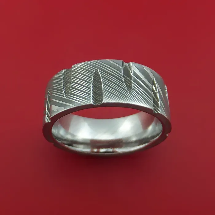 Damascus Steel Ring with Notched Out Wedges Inlay Custom Made Band Lashbrook Rings