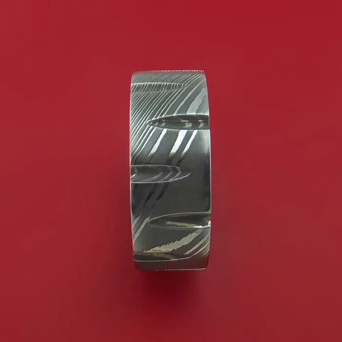 Damascus Steel Ring with Notched Out Wedges Inlay Custom Made Band Lashbrook Rings