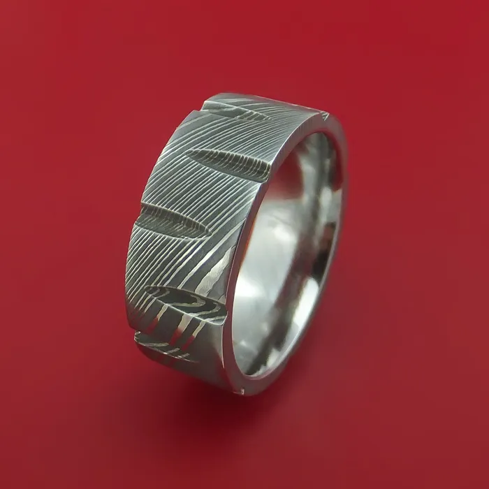 Damascus Steel Ring with Notched Out Wedges Inlay Custom Made Band Lashbrook Rings