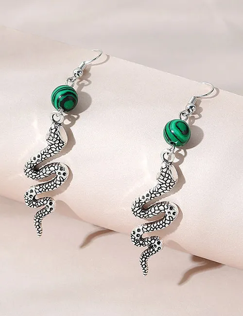 E1080 Silver Snake with Green Bead Earrings 02 Earrings