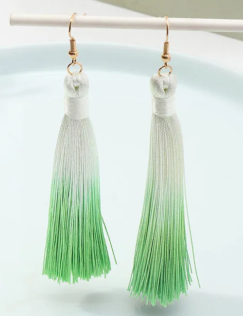 E1632 Green White Long Tassel Earrings 02 Earrings