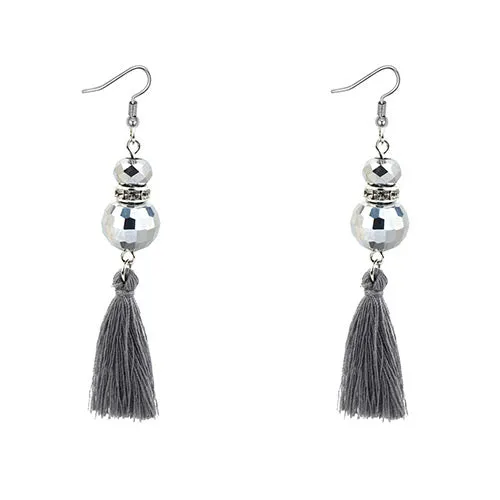 E308 Gray Bead with Gems Tassel Earrings 02 Earrings