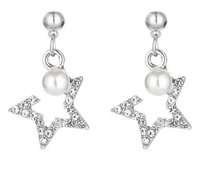 E512 Silver Rhinestone Star Pearl Earrings polly Earrings
