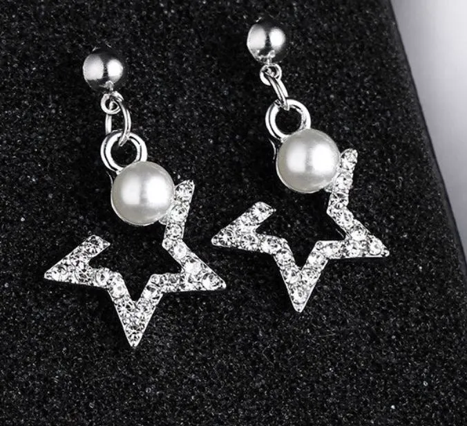 E512 Silver Rhinestone Star Pearl Earrings polly Earrings