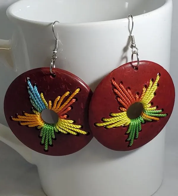 E664 Round Red Coconut Shell Wooden Earrings POLLY Earrings