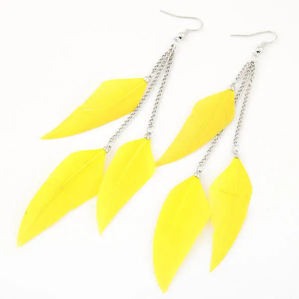 E756 Silver with Yellow Feather Dangle Earrings 02 Earrings