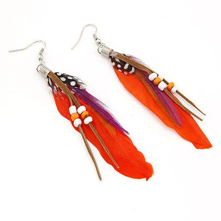 E829 Orange Feather Tassel Earrings 02 Earrings