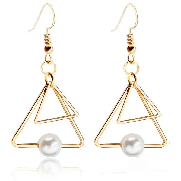 Earrings 01 E1075 Gold Double Triangle with Pearl Earrings