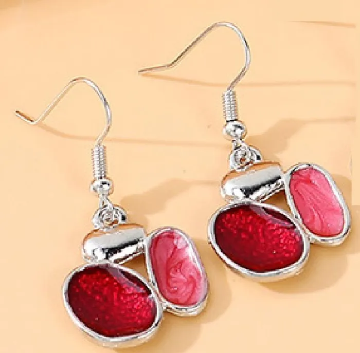 Earrings 02 E177 Silver Red Pink Baked Enamel Design Earrings