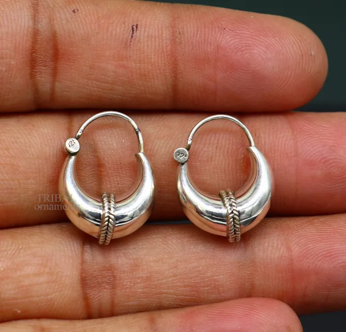 Earrings 925 sterling silver Handmade vintage ethnic style hoops earrings Kundal unisex tribal stylish unique Bali jewelry from India ear1226 TRIBAL ORNAMENTS