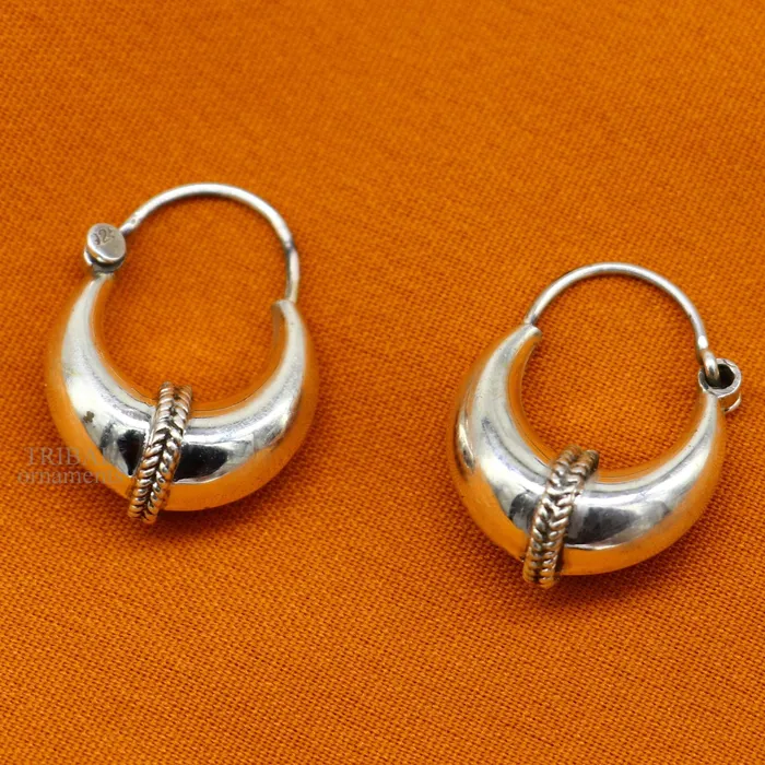 Earrings 925 sterling silver Handmade vintage ethnic style hoops earrings Kundal unisex tribal stylish unique Bali jewelry from India ear1226 TRIBAL ORNAMENTS