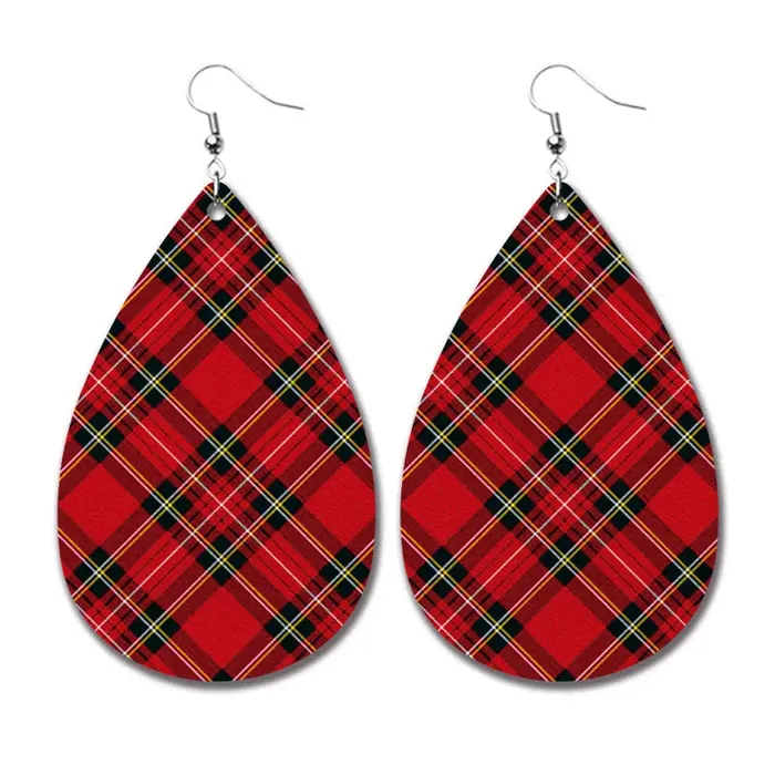 Earrings AZ24 Leather Water Drop Red Check Earrings 01