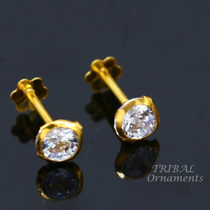Earrings TRIBAL ORNAMENTS 4mm 18k yellow gold handmade fabulous cubic zircon stone excellent antique vintage design stud earrings pair unisex jewelry er157