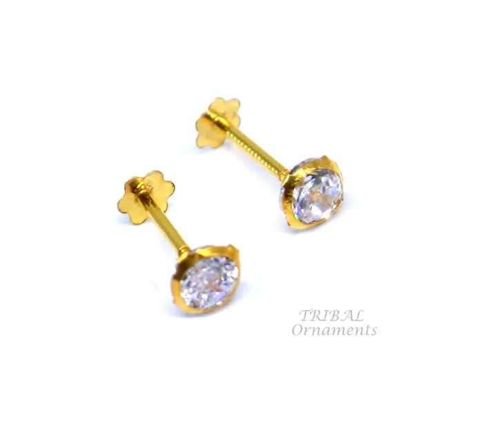 Earrings TRIBAL ORNAMENTS 4mm 18k yellow gold handmade fabulous cubic zircon stone excellent antique vintage design stud earrings pair unisex jewelry er157