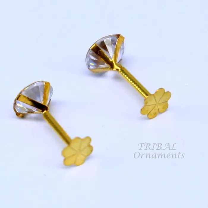 Earrings TRIBAL ORNAMENTS 4mm 18k yellow gold handmade fabulous cubic zircon stone excellent antique vintage design stud earrings pair unisex jewelry er157