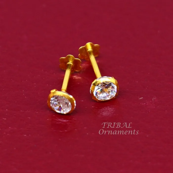 Earrings TRIBAL ORNAMENTS 4mm 18k yellow gold handmade fabulous cubic zircon stone excellent antique vintage design stud earrings pair unisex jewelry er157