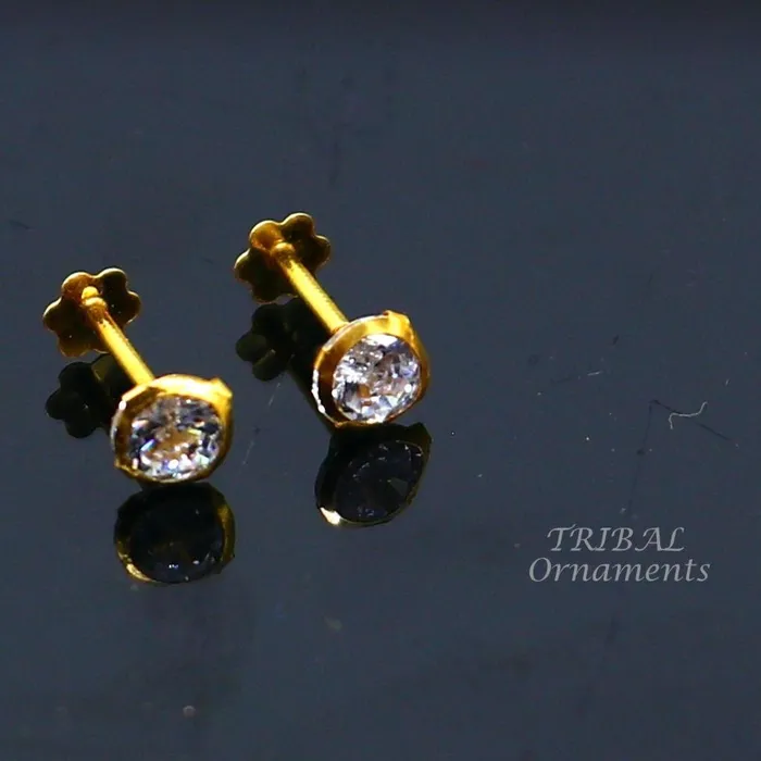 Earrings TRIBAL ORNAMENTS 4mm 18k yellow gold handmade fabulous cubic zircon stone excellent antique vintage design stud earrings pair unisex jewelry er157