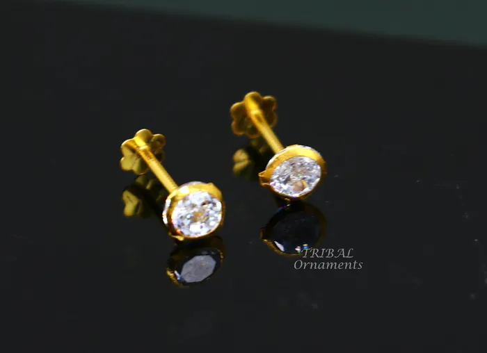 Earrings TRIBAL ORNAMENTS 4mm 18k yellow gold handmade fabulous cubic zircon stone excellent antique vintage design stud earrings pair unisex jewelry er157