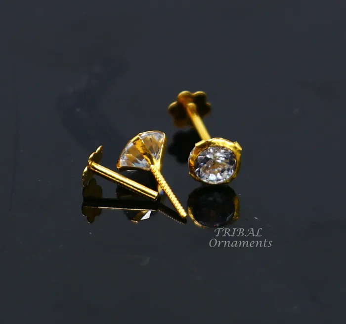 Earrings TRIBAL ORNAMENTS 4mm 18k yellow gold handmade fabulous cubic zircon stone excellent antique vintage design stud earrings pair unisex jewelry er157