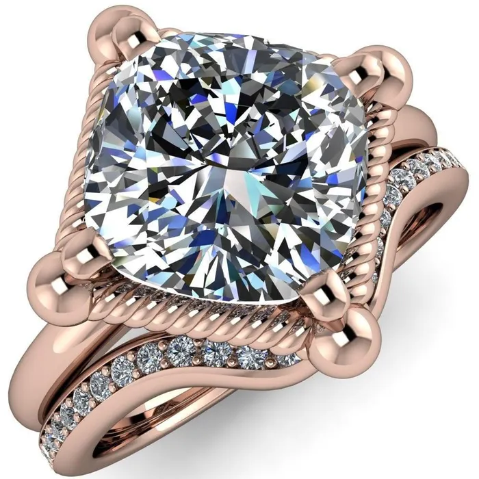 Eloise Cushion Center Stone Woven Rope Princess Halo 4 Prong Engagement Ring Fire Brilliance Rings