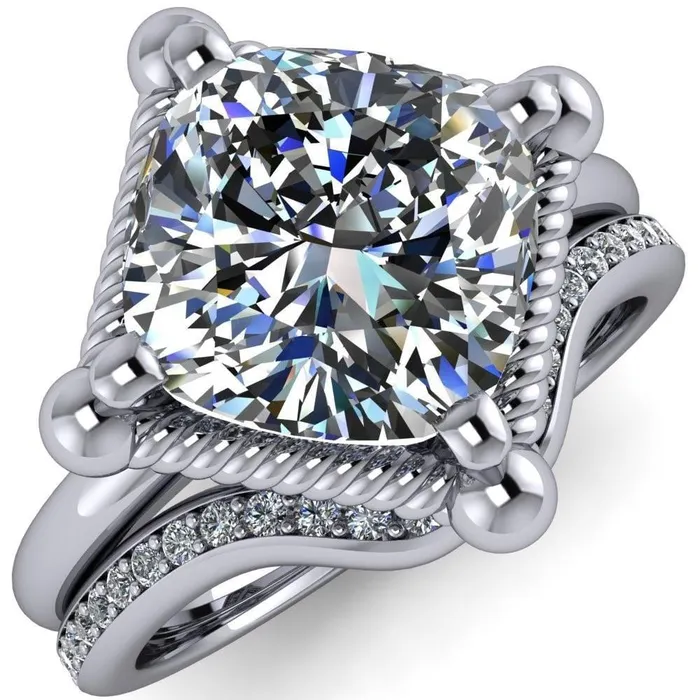 Eloise Cushion Center Stone Woven Rope Princess Halo 4 Prong Engagement Ring Fire Brilliance Rings