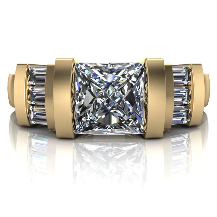 Entourage PrincessSquare Moissanite 3 Stone Baguette Shoulder Cathedral Ring Fire Brilliance Rings