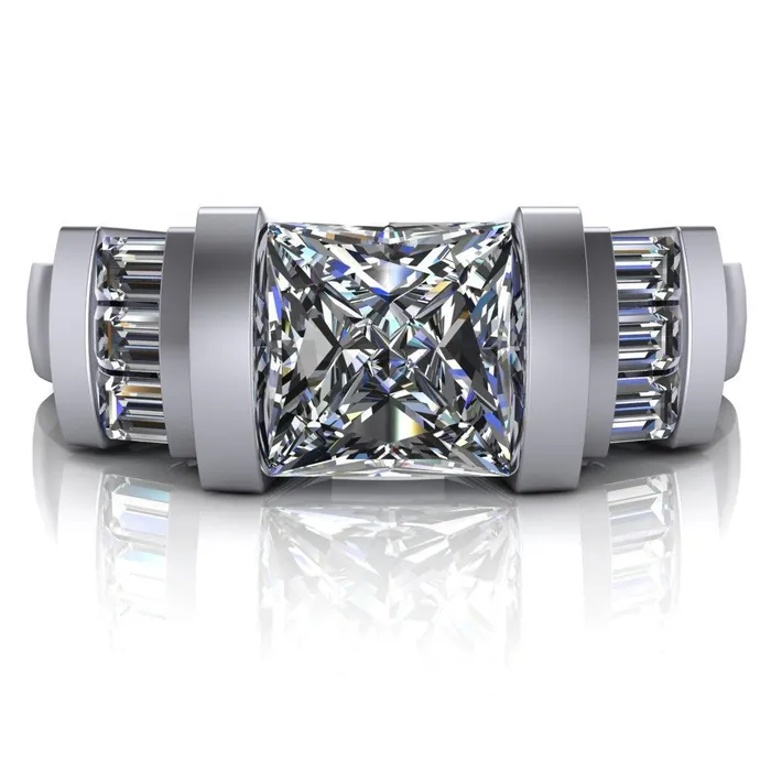 Entourage PrincessSquare Moissanite 3 Stone Baguette Shoulder Cathedral Ring Fire Brilliance Rings
