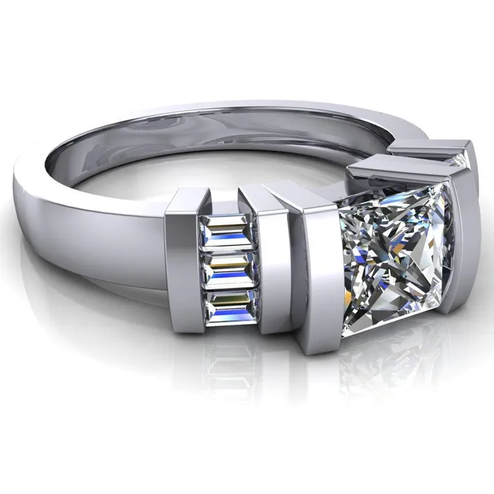 Entourage PrincessSquare Moissanite 3 Stone Baguette Shoulder Cathedral Ring Fire Brilliance Rings