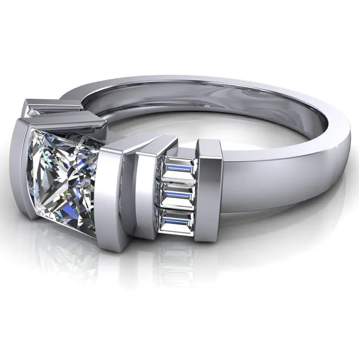 Entourage PrincessSquare Moissanite 3 Stone Baguette Shoulder Cathedral Ring Fire Brilliance Rings