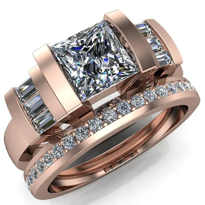 Entourage PrincessSquare Moissanite 3 Stone Baguette Shoulder Cathedral Ring Fire Brilliance Rings
