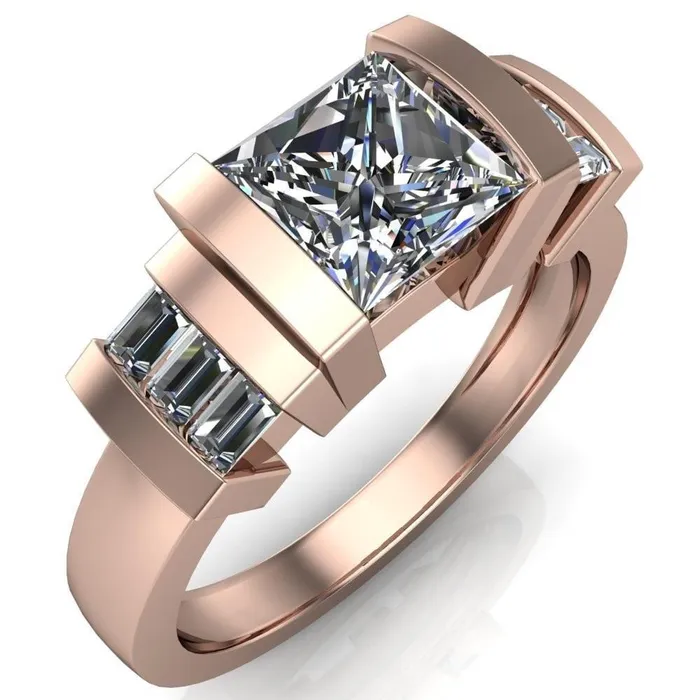 Entourage PrincessSquare Moissanite 3 Stone Baguette Shoulder Cathedral Ring Fire Brilliance Rings