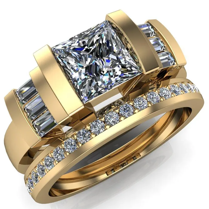 Entourage PrincessSquare Moissanite 3 Stone Baguette Shoulder Cathedral Ring Fire Brilliance Rings