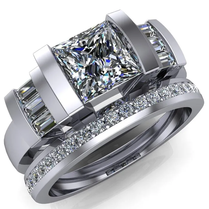 Entourage PrincessSquare Moissanite 3 Stone Baguette Shoulder Cathedral Ring Fire Brilliance Rings