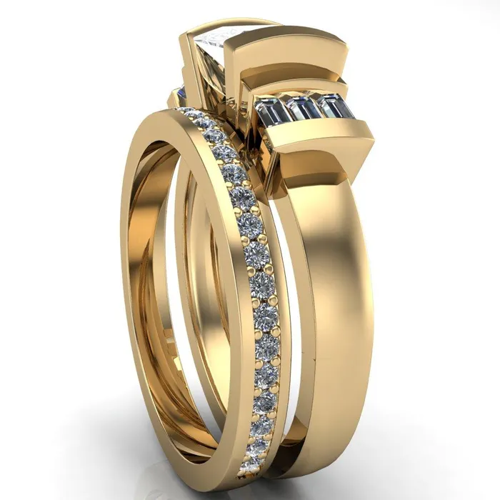 Entourage PrincessSquare Moissanite 3 Stone Baguette Shoulder Cathedral Ring Fire Brilliance Rings