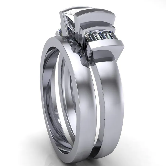 Entourage PrincessSquare Moissanite 3 Stone Baguette Shoulder Cathedral Ring Fire Brilliance Rings