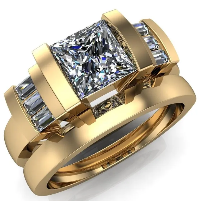 Entourage PrincessSquare Moissanite 3 Stone Baguette Shoulder Cathedral Ring Fire Brilliance Rings