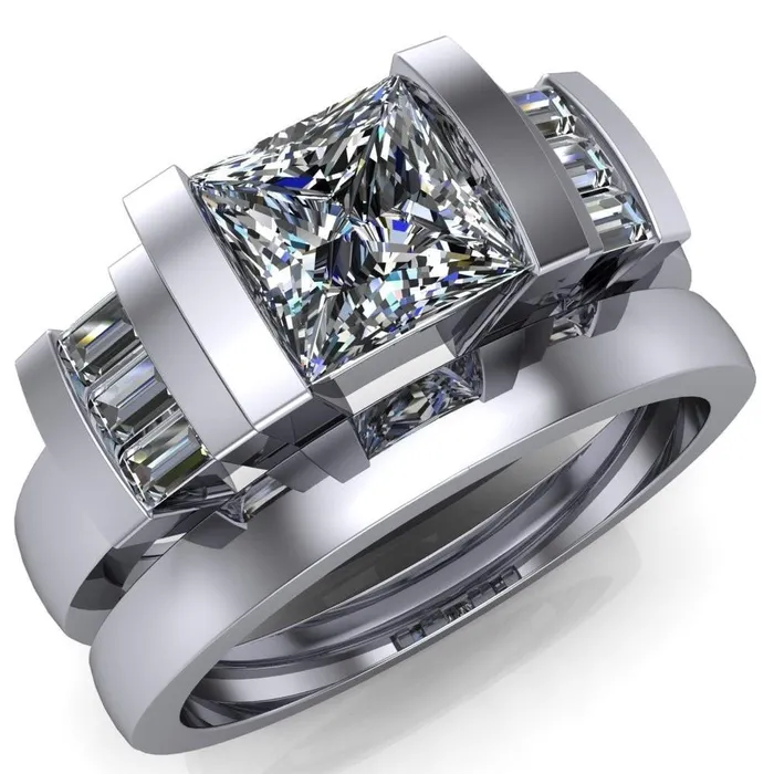 Entourage PrincessSquare Moissanite 3 Stone Baguette Shoulder Cathedral Ring Fire Brilliance Rings