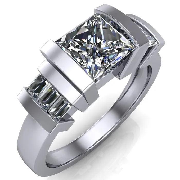 Entourage PrincessSquare Moissanite 3 Stone Baguette Shoulder Cathedral Ring Fire Brilliance Rings
