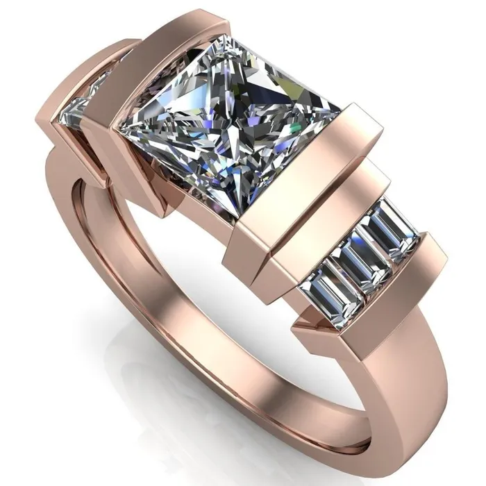 Entourage PrincessSquare Moissanite 3 Stone Baguette Shoulder Cathedral Ring Fire Brilliance Rings