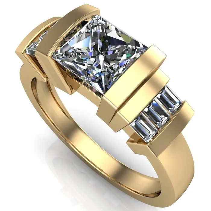 Entourage PrincessSquare Moissanite 3 Stone Baguette Shoulder Cathedral Ring Fire Brilliance Rings