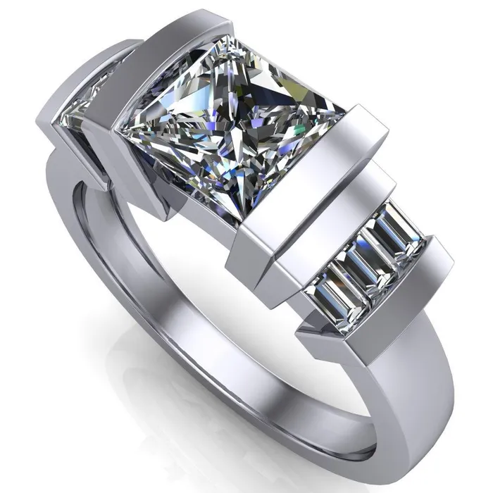 Entourage PrincessSquare Moissanite 3 Stone Baguette Shoulder Cathedral Ring Fire Brilliance Rings